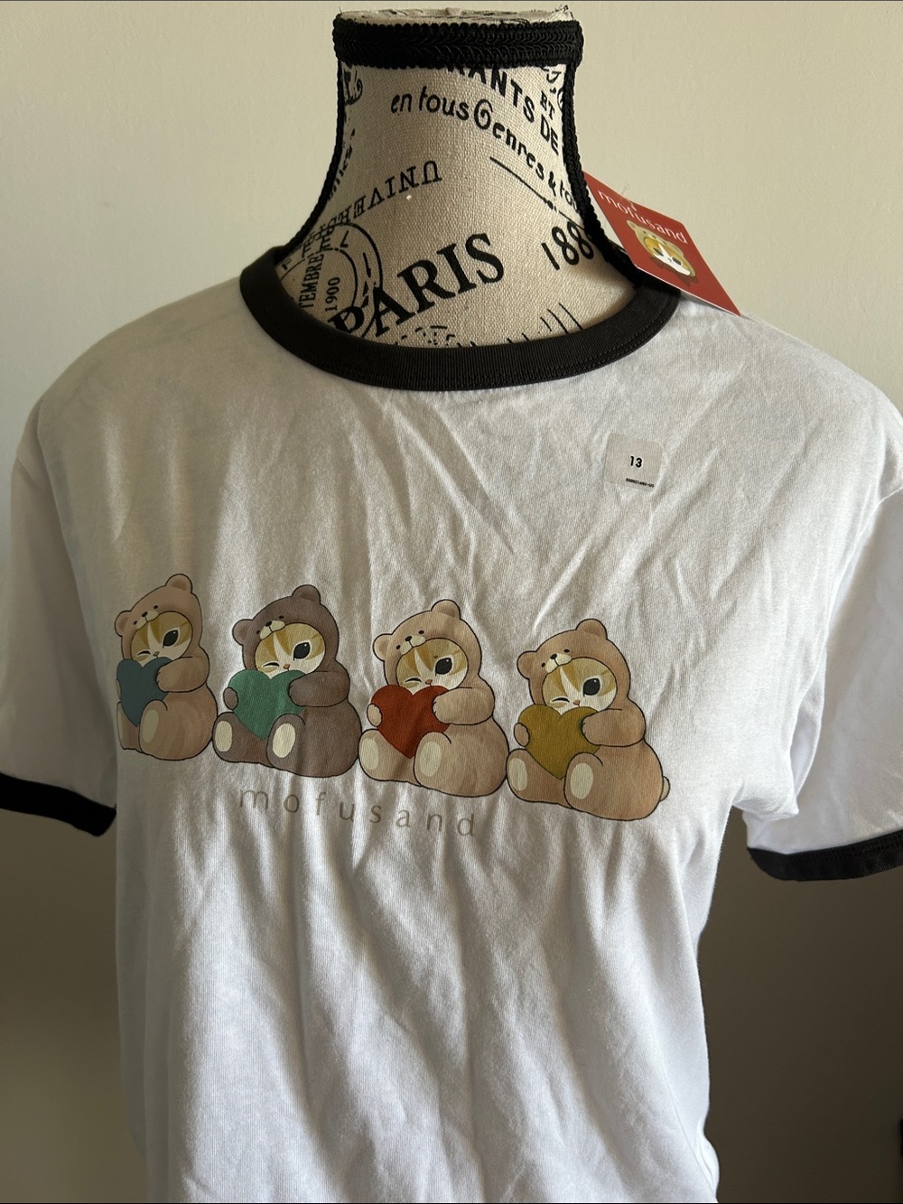 Uniqlo White Ringer Tee with Multicolor Bear Hearts